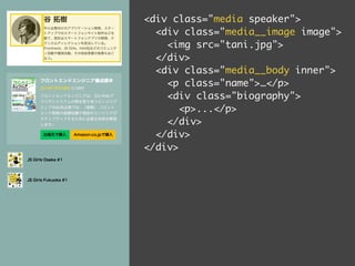 div class=media speaker 
div class=media__image image 
img src=tani.jpg 
/div 
div class=media__body inner 
p class=name…/p 
div class=biography 
p.../p 
/div 
/div 
/div 
 