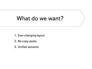 What do we want?

1. Ever-changing layout
2. No copy-paste
3. Uniﬁed semantic
 
