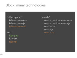 Block: many technologies


     tabbed-pane/         search/
       tabbed-pane.css      search__autocomplete.css
       tabbed-pane.js       search__autocomplete.js
       tabbed-pane.xsl      search.css
                            search.js
     logo/                  search.xsl
       logo.png
       logo.css
       logo.xsl




41
 