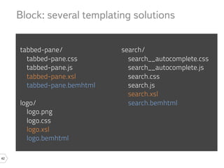Block: several templating solutions


     tabbed-pane/            search/
       tabbed-pane.css         search__autocomplete.css
       tabbed-pane.js          search__autocomplete.js
       tabbed-pane.xsl         search.css
       tabbed-pane.bemhtml     search.js
                               search.xsl
     logo/                     search.bemhtml
       logo.png
       logo.css
       logo.xsl
       logo.bemhtml

42
 