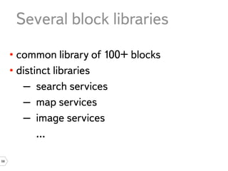 Several block libraries

     • common library of 100+ blocks
     • distinct libraries
        – search services
        – map services
        – image services
            ...

58
 