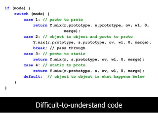if (mode) {
    switch (mode) {
        case 1: // proto to proto
            return Y.mix(r.prototype, s.prototype, ov, wl, 0,
                         merge);
        case 2: // object to object and proto to proto
            Y.mix(r.prototype, s.prototype, ov, wl, 0, merge);
            break; // pass through
        case 3: // proto to static
            return Y.mix(r, s.prototype, ov, wl, 0, merge);
        case 4: // static to proto
            return Y.mix(r.prototype, s, ov, wl, 0, merge);
        default: // object to object is what happens below
    }
}



             Difficult-to-understand code
 