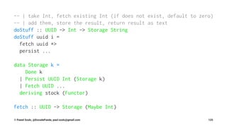 -- | take Int, fetch existing Int (if does not exist, default to zero)
-- | add them, store the result, return result as text
doStuff :: UUID -> Int -> Storage String
doStuff uuid i =
fetch uuid *>
persist ...
data Storage k =
Done k
| Persist UUID Int (Storage k)
| Fetch UUID ...
deriving stock (Functor)
fetch :: UUID -> Storage (Maybe Int)
© Pawel Szulc, @EncodePanda, paul.szulc@gmail.com 125
 