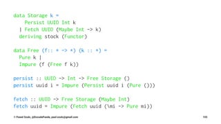 data Storage k =
Persist UUID Int k
| Fetch UUID (Maybe Int -> k)
deriving stock (Functor)
data Free (f:: * -> *) (k :: *) =
Pure k |
Impure (f (Free f k))
persist :: UUID -> Int -> Free Storage ()
persist uuid i = Impure (Persist uuid i (Pure ()))
fetch :: UUID -> Free Storage (Maybe Int)
fetch uuid = Impure (Fetch uuid (mi -> Pure mi))
© Pawel Szulc, @EncodePanda, paul.szulc@gmail.com 155
 