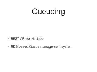 REST API for Hadoop
CDH HDP Apache
Worker PerfectQueue
Hadoop Job
Server
REST API
 
