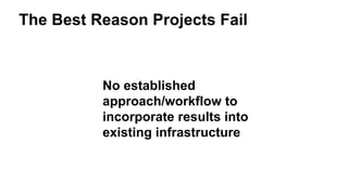 The Best Reason Projects Fail
No established
approach/workflow to
incorporate results into
existing infrastructure
 