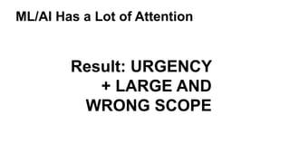ML/AI Has a Lot of Attention
Result: URGENCY
+ LARGE AND
WRONG SCOPE
 