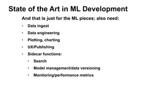 State of the Art in ML Development
And that is just for the ML pieces; also need:
• Data ingest
• Data engineering
• Plotting, charting
• UX/Publishing
• Sidecar functions:
• Search
• Model management/data versioning
• Monitoring/performance metrics
 