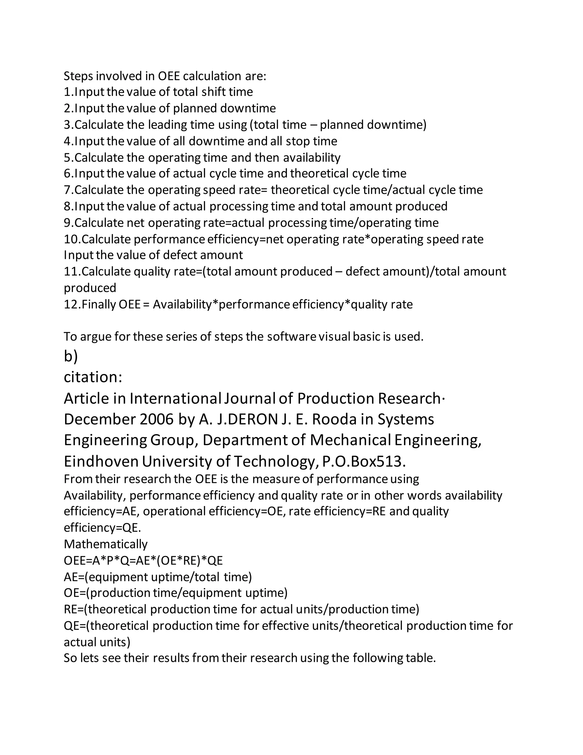 Steps involved in OEE calculation are:
1.Inputthevalue of total shift time
2.Inputthevalue of planned downtime
3.Calculate the leading time using (total time – planned downtime)
4.Inputthevalue of all downtime and all stop time
5.Calculate the operating time and then availability
6.Inputthevalue of actual cycle time and theoretical cycle time
7.Calculate the operating speed rate= theoretical cycle time/actual cycle time
8.Inputthevalue of actual processing time and total amount produced
9.Calculate net operating rate=actual processing time/operating time
10.Calculate performanceefficiency=net operating rate*operating speed rate
Inputthe value of defect amount
11.Calculate quality rate=(total amount produced – defect amount)/total amount
produced
12.Finally OEE= Availability*performanceefficiency*quality rate
To argue for these series of steps the softwarevisualbasic is used.
b)
citation:
Article in InternationalJournalof Production Research·
December 2006 by A. J.DERON J. E. Rooda in Systems
Engineering Group, Department of Mechanical Engineering,
Eindhoven University of Technology,P.O.Box513.
Fromtheir research the OEE is the measureof performanceusing
Availability, performanceefficiency and quality rate or in other words availability
efficiency=AE, operational efficiency=OE, rate efficiency=RE and quality
efficiency=QE.
Mathematically
OEE=A*P*Q=AE*(OE*RE)*QE
AE=(equipment uptime/total time)
OE=(production time/equipment uptime)
RE=(theoretical production time for actual units/production time)
QE=(theoretical production time for effective units/theoretical production time for
actual units)
So lets see their results fromtheir research using the following table.
 