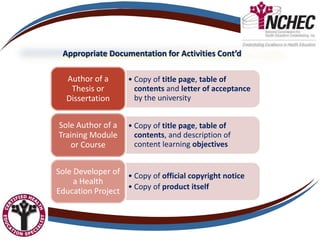 Appropriate Documentation for Activities Cont’d
• Copy of title page, table of
contents and letter of acceptance
by the university
Author of a
Thesis or
Dissertation
• Copy of title page, table of
contents, and description of
content learning objectives
Sole Author of a
Training Module
or Course
• Copy of official copyright notice
• Copy of product itself
Sole Developer of
a Health
Education Project
 