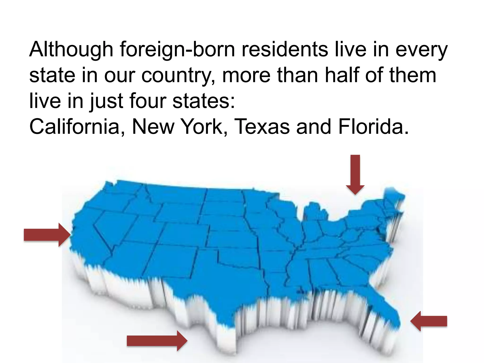 Although foreign-born residents live in every
state in our country, more than half of them
live in just four states:
California, New York, Texas and Florida.
 