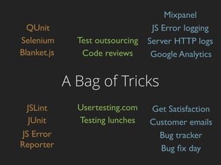 A Bag of Tricks
QUnit
Selenium
JUnit
JS Error
Reporter
JS Error logging
Server HTTP logs
Code reviews
Testing lunches
Get Satisfaction
Mixpanel
Google Analytics
Customer emails
Usertesting.com
Test outsourcing
JSLint
Blanket.js
Bug tracker
Bug ﬁx day
 
