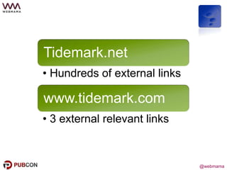 @webmama
Tidemark.net
• Hundreds of external links
www.tidemark.com
• 3 external relevant links
 