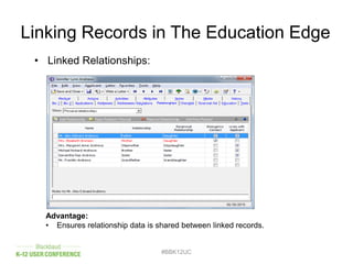 Linking Records in The Education Edge
• Linked Relationships:
#BBK12UC
Advantage:
• Ensures relationship data is shared between linked records.
 
