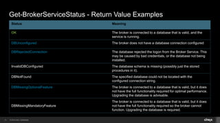 © 2014 Citrix. Confidential.12
Get-BrokerServiceStatus - Return Value Examples
Status Meaning
OK The broker is connected to a database that is valid, and the
service is running.
DBUnconfigured The broker does not have a database connection configured
DBRejectedConnection The database rejected the logon from the Broker Service. This
may be caused by bad credentials, or the database not being
installed.
InvalidDBConfigured The database schema is missing (possibly just the stored
procedures in it).
DBNotFound The specified database could not be located with the
configured connection string.
DBMissingOptionalFeature The broker is connected to a database that is valid, but it does
not have the full functionality required for optimal performance.
Upgrading the database is advisable.
DBMissingMandatoryFeature
The broker is connected to a database that is valid, but it does
not have the full functionality required so the broker cannot
function. Upgrading the database is required.
 