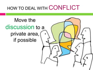 HOW TO DEAL WITH CONFLICT
Move the
discussion to a
private area,
if possible
 