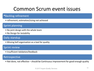 Common Scrum event issues
12
© 2017 Inspire Quality Services
•Backlog refinement
• refinement, estimation/sizing not achieved
Sprint planning
• No joint design with the whole team
• No Design for testability
Daily standup
• Missing Self organisation as a tool for quality
Sprint review
• Insufficient Validation/feedback
Retrospective
• Not done, not effective – should be Continuous improvement for good enough quality
 