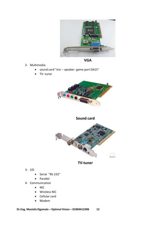 12Dr.Eng. Mostafa Elgamala – Optimal Vision – 01004413398
VGA
2- Multimedia:
 sound card "mic – speaker- game port DA15"
 TV- tuner
Sound card
TV-tuner
3- I/O
 Serial "RS-232"
 Parallel
4- Communication
 NIC
 Wireless NIC
 Cellular card
 Modem
 