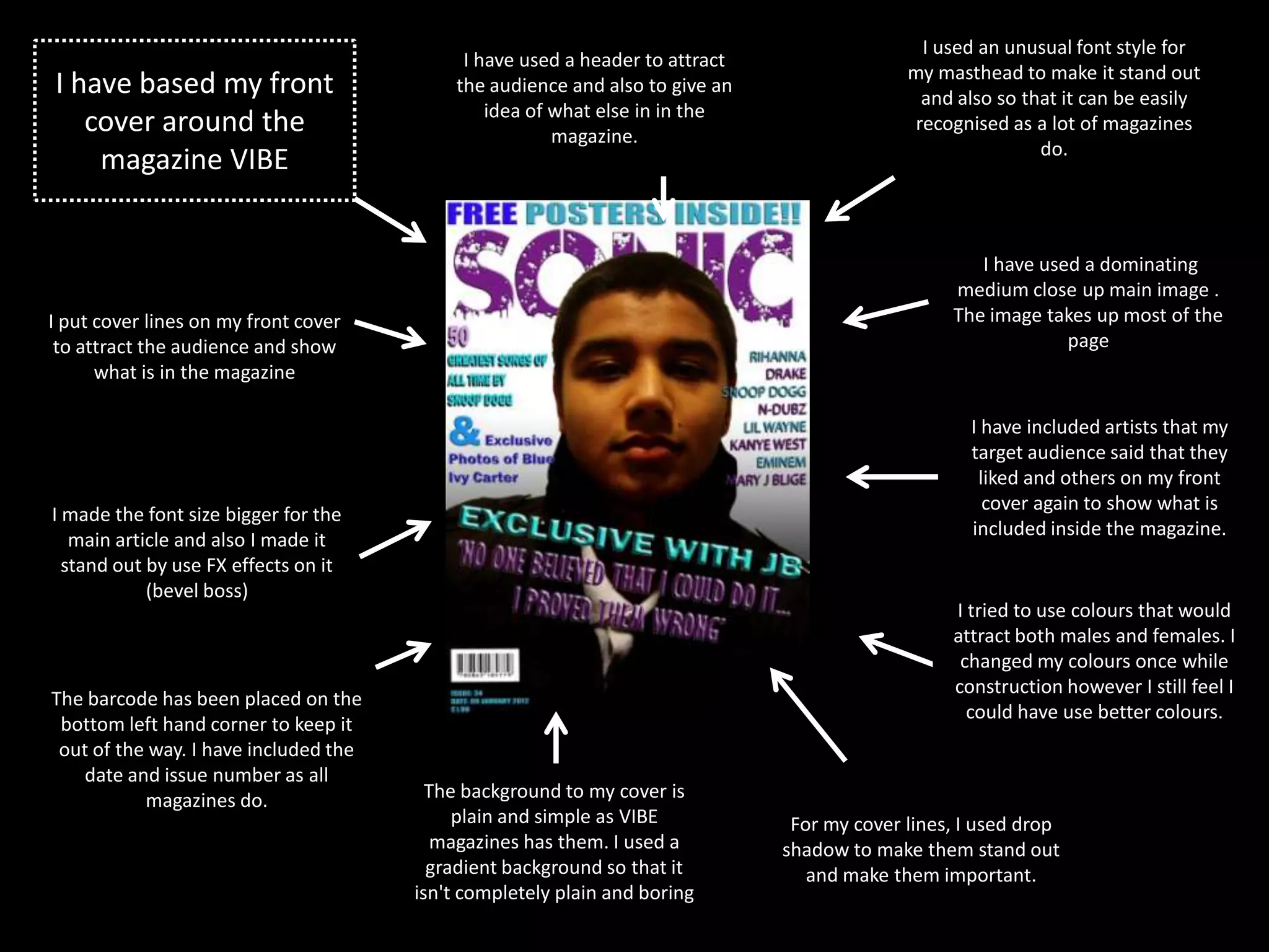 I used an unusual font style for
                                            I have used a header to attract
                                                                                            my masthead to make it stand out
I have based my front                      the audience and also to give an
                                                                                              and also so that it can be easily
                                               idea of what else in in the
   cover around the                                    magazine.
                                                                                             recognised as a lot of magazines
                                                                                                            do.
    magazine VIBE


                                                                                                    I have used a dominating
                                                                                                 medium close up main image .
I put cover lines on my front cover                                                              The image takes up most of the
 to attract the audience and show                                                                             page
      what is in the magazine

                                                                                                   I have included artists that my
                                                                                                   target audience said that they
                                                                                                    liked and others on my front
                                                                                                     cover again to show what is
I made the font size bigger for the
                                                                                                   included inside the magazine.
   main article and also I made it
  stand out by use FX effects on it
            (bevel boss)
                                                                                                 I tried to use colours that would
                                                                                                 attract both males and females. I
                                                                                                  changed my colours once while
                                                                                                 construction however I still feel I
The barcode has been placed on the
                                                                                                   could have use better colours.
 bottom left hand corner to keep it
 out of the way. I have included the
   date and issue number as all
           magazines do.                 The background to my cover is
                                            plain and simple as VIBE           For my cover lines, I used drop
                                          magazines has them. I used a        shadow to make them stand out
                                         gradient background so that it          and make them important.
                                       isn't completely plain and boring
 