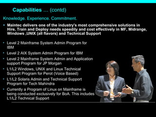 Capabilities  … (contd) Knowledge. Experience. Commitment. Maintec delivers one of the industry's most comprehensive solutions in Hire, Train and Deploy needs speedily and cost effectively in MF, Midrange, Windows ,UNIX (all flavors) and Technical Support  Level 2 Mainframe System Admin Program for IBM Level 2 AIX System Admin Program for IBM Level 2 Mainframe System Admin and Application support Program for JP Morgan L1/L2 Windows, UNIX and Linux Technical Support Program for Perot (Voice Based) L1/L2 Solaris Admin and Technical Support Program for Tech Mahindra Currently a Program of Linux on Mainframe is being conducted exclusively for BoA. This includes L1/L2 Technical Support 