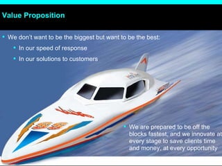 Value Proposition We don’t want to be the biggest but want to be the best:  In our speed of response In our solutions to customers We are prepared to be off the blocks fastest, and we innovate at every stage to save clients time and money, at every opportunity 