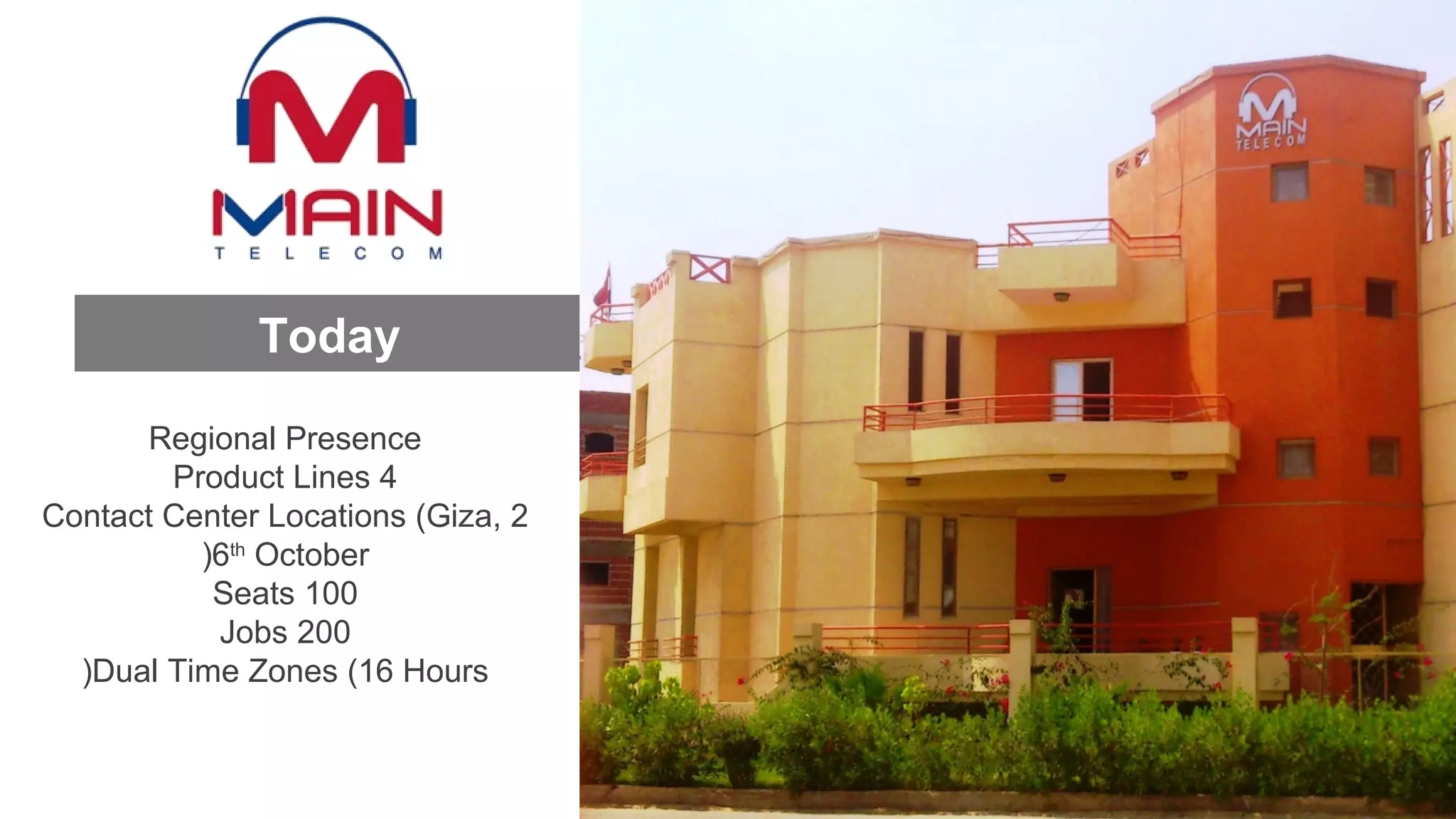 Today
Regional Presence
4Product Lines
2Contact Center Locations (Giza,
6th
October(
100Seats
200Jobs
Dual Time Zones (16 Hours(
 