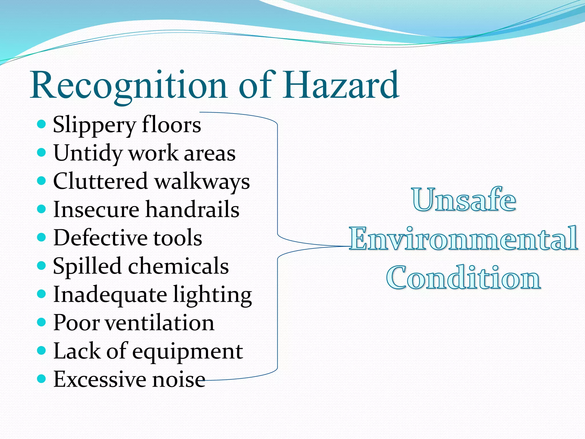 Recognition of Hazard
 Slippery floors
 Untidy work areas
 Cluttered walkways
 Insecure handrails
 Defective tools
 Spilled chemicals
 Inadequate lighting
 Poor ventilation
 Lack of equipment
 Excessive noise
 