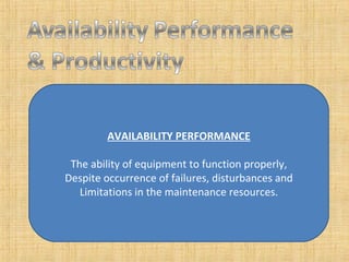 AVAILABILITY PERFORMANCE The ability of equipment to function properly, Despite occurrence of failures, disturbances and Limitations in the maintenance resources. 