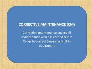 CORRECTIVE MAINTENANCE (CM) Corrective maintenance covers all Maintenance which is carried out in Order to correct (repair) a fault in equipment 