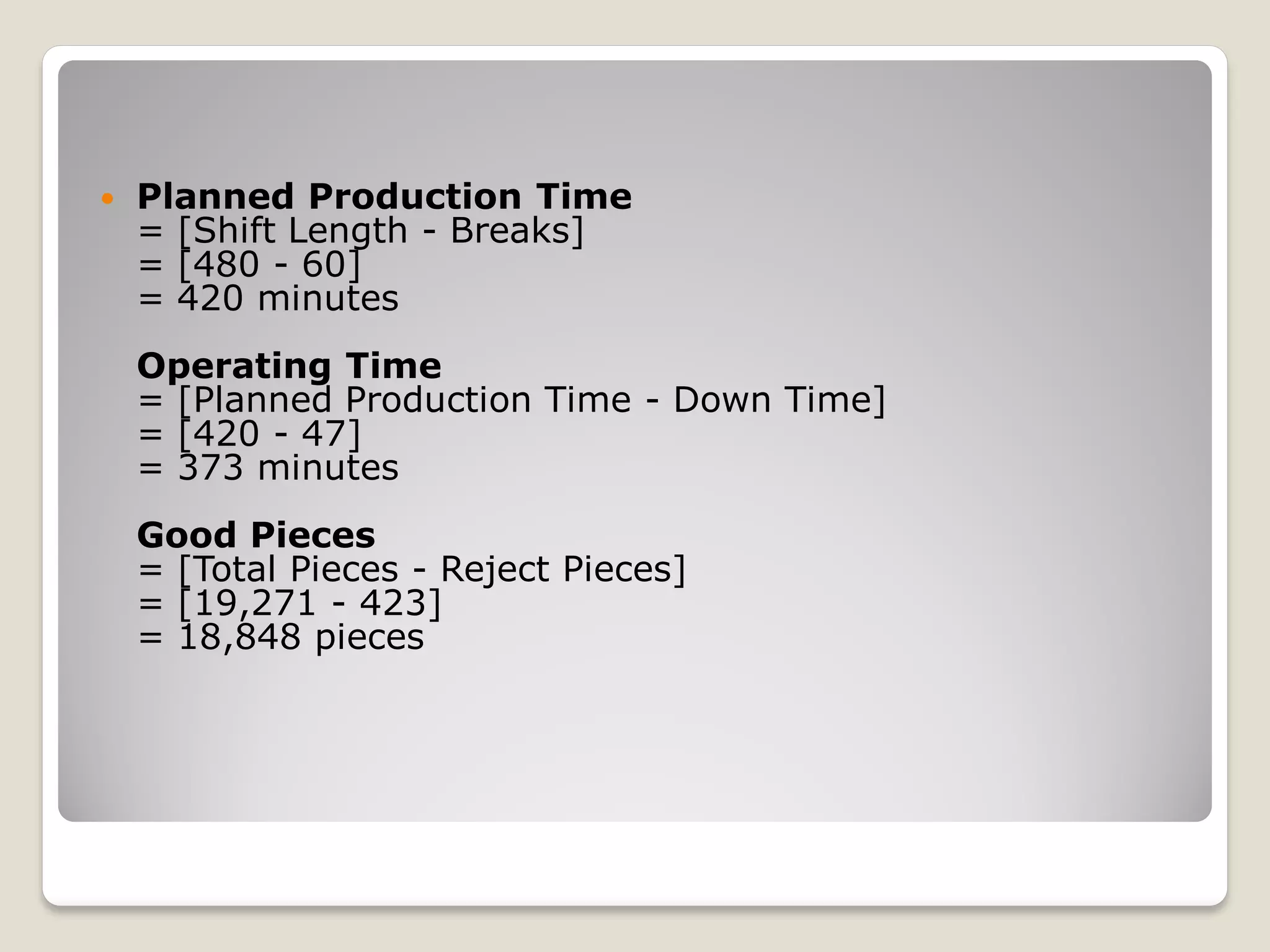  Planned Production Time
= [Shift Length - Breaks]
= [480 - 60]
= 420 minutes
Operating Time
= [Planned Production Time - Down Time]
= [420 - 47]
= 373 minutes
Good Pieces
= [Total Pieces - Reject Pieces]
= [19,271 - 423]
= 18,848 pieces
 