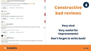 29 / 40
Constructive
bad reviews
Very nice!
Very useful for
improvements!
Don't forget to write back!
4
 