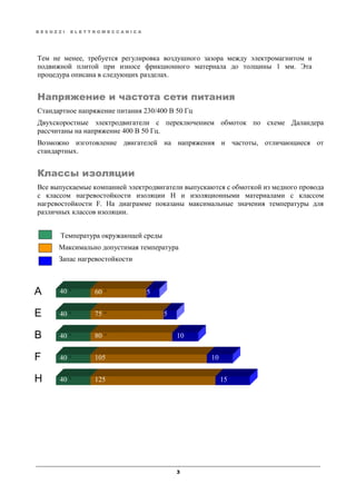 B E S O Z Z I E L E T T R O M E C C A N I C A
3
Тем не менее, требуется регулировка воздушного зазора между электромагнитом и
подвижной плитой при износе фрикционного материала до толщины 1 мм. Эта
процедура описана в следующих разделах.
Напряжение и частота сети питания
Стандартное напряжение питания 230/400 В 50 Гц
Двухскоростные электродвигатели с переключением обмоток по схеме Даландера
рассчитаны на напряжение 400 В 50 Гц.
Возможно изготовление двигателей на напряжения и частоты, отличающиеся от
стандартных.
Классы изоляции
Все выпускаемые компанией электродвигатели выпускаются с обмоткой из медного провода
с классом нагревостойкости изоляции H и изоляционными материалами с классом
нагревостойкости F. На диаграмме показаны максимальные значения температуры для
различных классов изоляции.
Температура окружающей среды
Максимально допустимая температура
Запас нагревостойкости
A 40 40
E 40 40
B 40 40
F 40 40
H 40 40
60 40
75 40
80 40
105
125
5 40
5
10
10
15
 