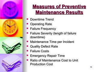 63
63
Measures of Preventive
Measures of Preventive
Maintenance Results
Maintenance Results
 Downtime Trend
Downtime Trend
 Operating Rate
Operating Rate
 Failure Frequency
Failure Frequency
 Failure Severity (length of failure
Failure Severity (length of failure
downtime)
downtime)
 Maintenance Time per Incident
Maintenance Time per Incident
 Quality Defect Rate
Quality Defect Rate
 Failure Costs
Failure Costs
 Emergency Repair Time
Emergency Repair Time
 Ratio of Maintenance Cost to Unit
Ratio of Maintenance Cost to Unit
Production Cost
Production Cost
 