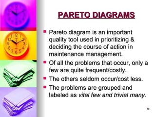 70
70
PARETO DIAGRAMS
PARETO DIAGRAMS
 Pareto diagram is an important
Pareto diagram is an important
quality tool used in prioritizing &
quality tool used in prioritizing &
deciding the course of action in
deciding the course of action in
maintenance management.
maintenance management.
 Of all the problems that occur, only a
Of all the problems that occur, only a
few are quite frequent/costly.
few are quite frequent/costly.
 The others seldom occur/cost less.
The others seldom occur/cost less.
 The problems are grouped and
The problems are grouped and
labeled as
labeled as vital few and trivial many.
vital few and trivial many.
 