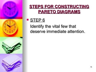 73
73
 STEP 6
STEP 6
Identify the vital few that
Identify the vital few that
deserve immediate attention.
deserve immediate attention.
STEPS FOR CONSTRUCTING
STEPS FOR CONSTRUCTING
PARETO DIAGRAMS
PARETO DIAGRAMS
 