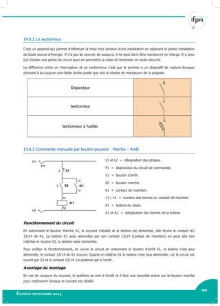 99
Édition septembre 2014 Electricité industrielle 99
14.8.2 Le sectionneur
C’est un appareil qui permet d’effectuer la mise hors tension d’une installation en séparant la partie installation
de toute source d’énergie. Il n’a pas de pouvoir de coupure, il ne peut donc être manœuvré en charge. Il a pour
but d’isoler une partie du circuit pour en permettre la visite et l’entretien en toute sécurité.
La différence entre un interrupteur et un sectionneur c’est que le premier a un dispositif de rupture brusque
donnant à la coupure une faible durée quelle que soit la vitesse de manœuvre de la poignée.
Disjoncteur
Sectionneur
Sectionneur à fusible.
14.8.3 Commande manuelle par bouton poussoir Marche – Arrêt
-K1
A1
A2
L2
L1
13
14
-K1S2
S1
F1
L1 et L2 = désignation des phases.
F1 = disjoncteur du circuit de commande.
S1 = bouton d’arrêt.
S2 = bouton marche.
K1 = contact de maintien.
13 / 14 = numéro des bornes du contact de maintien
K1 = bobine du relais.
A1 et A2 = désignation des bornes de la bobine
Fonctionnement du circuit
En actionnant le bouton Marche S2, le courant s’établit et la bobine est alimentée, elle ferme le contact NO
13/14 de K1. La bobine K1 auto alimentée par son contact 13/14 (contact de maintien) on peut dès lors
relâcher le bouton S2, la bobine reste alimentée.
Pour arrêter le fonctionnement, on ouvre le circuit en actionnant le bouton d’arrêt S1, la bobine n’est plus
alimentée, le contact 13/14 de K1 s’ouvre. Quand on relâche S1 la bobine n’est plus alimentée, car le circuit est
ouvert par S2 et le contact 13/14. Le système est à l’arrêt.
Avantage du montage
En cas de coupure du courant, le système se met à l’arrêt et il faut une nouvelle action sur le bouton marche
pour redémarrer lorsque le courant est rétabli.
 