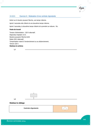 111
Édition septembre 2014 Electricité industrielle 111
14.10.5 Exercice 6 : Réalisation d’une centrale clignotante
Action sur le bouton poussoir Marche, une lampe s’allume.
Après 5 secondes elle s’éteint et une deuxième lampe s’allume.
Après 5 secondes, la deuxième lampe s’éteint et la première se rallume. Etc.
Poste de travail
Tension d’alimentation : 220 V alternatif.
Disjoncteur bipolaire 10 A.
Boutons poussoirs Marche-Arrêt
Relais 220 V alternatif.
Temporisation retard à l’enclenchement ou au déclenchement.
Témoin 220 V.
Réalisez le schéma
L2
L1
Réalisez le câblage
Centrale clignotante
 