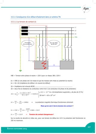 117
Édition septembre 2014 Electricité industrielle 117
15.3.1 Conséquence d’un défaut d’isolement dans un schéma TN
15.3.1.1La tension de contact Uc
VBE = Tension entre phase et neutre = 220 V pour un réseau 380 / 220 V
Uc = VDE (si une phase est à la masse et que les masses sont mises au potentiel du neutre)
Uc = Zd x Id (impédance de défaut x le courant de défaut)
Zd = Impédance de la boucle BCDE ...................................................................................
Zd = deux fois la résistance du conducteur entre B et C (le conducteur de phase et de protection)
(la température augmente de plus de 25 %)
50 mm² = 50 x 10-6
m²
La protection magnéto thermique fonctionnera sûrement
Mais qu’en est–il de la tension de contact ?
Tension de contact dangereuse !
Sur la courbe de sécurité en milieu sec, pour une tension de défaut de 110 V la protection doit fonctionner en
250 ms maximum.
 