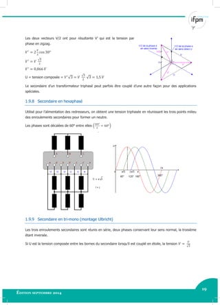 19
Édition septembre 2014 Electricité industrielle 19
Les deux vecteurs V/2 ont pour résultante V’ qui est la tension par
phase en zigzag.
√
U = tension composée = √
√
√
Le secondaire d’un transformateur triphasé peut parfois être couplé d’une autre façon pour des applications
spéciales.
1.9.8 Secondaire en hexaphasé
Utilisé pour l’alimentation des redresseurs, on obtient une tension triphasée en réunissant les trois points milieu
des enroulements secondaires pour former un neutre.
Les phases sont décalées de 60° entre elles ( )
1.9.9 Secondaire en tri-mono (montage Ulbricht)
Les trois enroulements secondaires sont réunis en série, deux phases conservant leur sens normal, la troisième
étant inversée.
Si U est la tension composée entre les bornes du secondaire lorsqu’il est couplé en étoile, la tension
√
 