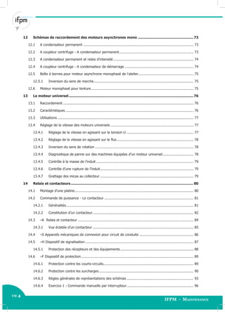 tm 4
IFPM - Maintenance
TM 4 Électricité Industrielle - Avancé
12 Schémas de raccordement des moteurs asynchrones mono .................................................. 73
12.1 A condensateur permanent ........................................................................................................ 73
12.2 A coupleur centrifuge - A condensateur permanent...................................................................... 73
12.3 A condensateur permanent et relais d’intensité............................................................................ 74
12.4 A coupleur centrifuge - A condensateur de démarrage ................................................................. 74
12.5 Boîte à bornes pour moteur asynchrone monophasé de l’atelier.................................................... 75
12.5.1 Inversion du sens de marche.............................................................................................. 75
12.6 Moteur monophasé pour tenture................................................................................................. 75
13 Le moteur universel................................................................................................................. 76
13.1 Raccordement ........................................................................................................................... 76
13.2 Caractéristiques......................................................................................................................... 76
13.3 Utilisations ................................................................................................................................ 77
13.4 Réglage de la vitesse des moteurs universels .............................................................................. 77
13.4.1 Réglage de la vitesse en agissant sur la tension U ............................................................... 77
13.4.2 Réglage de la vitesse en agissant sur le flux ........................................................................ 78
13.4.3 Inversion du sens de rotation ............................................................................................. 78
13.4.4 Diagnostique de panne sur des machines équipées d’un moteur universel............................. 78
13.4.5 Contrôle à la masse de l’induit ............................................................................................ 79
13.4.6 Contrôle d’une rupture de l’induit........................................................................................ 79
13.4.7 Grattage des micas au collecteur ........................................................................................ 79
14 Relais et contacteurs ............................................................................................................... 80
14.1 Montage d’une platine................................................................................................................ 80
14.2 Commande de puissance - Le contacteur .................................................................................... 81
14.2.1 Généralités........................................................................................................................ 81
14.2.2 Constitution d’un contacteur............................................................................................... 82
14.3 –K Relais et contacteur ............................................................................................................. 84
14.3.1 Vue éclatée d’un contacteur ............................................................................................... 85
14.4 –S Appareils mécaniques de connexion pour circuit de conduite ................................................... 86
14.5 –H Dispositif de signalisation ...................................................................................................... 87
14.5.1 Protection des récepteurs et des équipements ..................................................................... 88
14.6 –F Dispositif de protection.......................................................................................................... 89
14.6.1 Protection contre les courts-circuits..................................................................................... 89
14.6.2 Protection contre les surcharges ......................................................................................... 90
14.6.3 Règles générales de représentations des schémas ............................................................... 93
14.6.4 Exercice 1 : Commande manuelle par interrupteur............................................................... 96
 