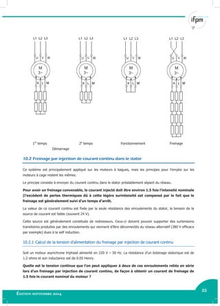 55
Édition septembre 2014 Electricité industrielle 55
1er
temps 2e
temps Fonctionnement Freinage
Démarrage
10.2 Freinage par injection de courant continu dans le stator
Ce système est principalement appliqué sur les moteurs à bagues, mais les principes pour l’emploi sur les
moteurs à cage restent les mêmes.
Le principe consiste à envoyer du courant continu dans le stator préalablement séparé du réseau.
Pour avoir un freinage convenable, le courant injecté doit être environ 1.5 fois l’intensité nominale
(l’excédent de pertes thermiques dû à cette légère surintensité est compensé par le fait que le
freinage est généralement suivi d’un temps d’arrêt.
La valeur de ce courant continu est fixée par la seule résistance des enroulements du stator, la tension de la
source de courant est faible (souvent 24 V).
Cette source est généralement constituée de redresseurs. Ceux-ci doivent pouvoir supporter des surtensions
transitoires produites par des enroulements qui viennent d’être déconnectés du réseau alternatif (380 V efficace
par exemple) dues à la self induction.
10.2.1 Calcul de la tension d’alimentation du freinage par injection de courant continu
Soit un moteur asynchrone triphasé alimenté en 220 V – 50 Hz. La résistance d’un bobinage statorique est de
1.2 ohms et son inductance est de 0.05 Henry.
Quelle est la tension continue que l’on peut appliquer à deux de ces enroulements reliés en série
lors d’un freinage par injection de courant continu, de façon à obtenir un courant de freinage de
1.5 fois le courant nominal du moteur ?
 