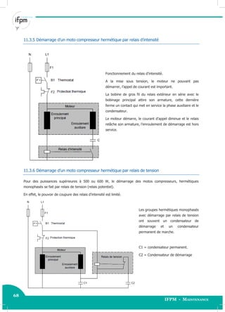 68
IFPM - Maintenance68 Electricité industrielle
11.3.5 Démarrage d’un moto compresseur hermétique par relais d’intensité
Fonctionnement du relais d’intensité.
A la mise sous tension, le moteur ne pouvant pas
démarrer, l’appel de courant est important.
La bobine de gros fil du relais extérieur en série avec le
bobinage principal attire son armature, cette dernière
ferme un contact qui met en service la phase auxiliaire et le
condensateur.
Le moteur démarre, le courant d’appel diminue et le relais
relâche son armature, l’enroulement de démarrage est hors
service.
11.3.6 Démarrage d’un moto compresseur hermétique par relais de tension
Pour des puissances supérieures à 500 ou 600 W, le démarrage des motos compresseurs, hermétiques
monophasés se fait par relais de tension (relais potentiel).
En effet, le pouvoir de coupure des relais d’intensité est limité.
Les groupes hermétiques monophasés
avec démarrage par relais de tension
ont souvent un condensateur de
démarrage et un condensateur
permanent de marche.
C1 = condensateur permanent.
C2 = Condensateur de démarrage
 