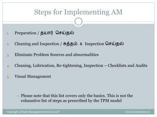 Property of Hash Management Services LLP. Unauthorized copying, circulating, modifying and using it without the knowledge / approval of Hash Management Services LLP is prohibited.
Step 1- Preparation / ையார் சசய்ைல்
 ஒவ்சோரு machineைின் functionஐ அறியவும்
 ஒவ்சோரு machineைின் safety aspectகனள அறியவும்
 Operator களுக்கு machineகனள பற்றி எடுத்துக்கூறவும்
 ஒவ்சோரு Machine partsஐயும் Identify சசய்து அைன் சசயல்பாட்னடயும்,
பயன்கனளயும் அறியவும்
Knowing the machine & its
parts is the primary step
 