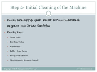 Property of Hash Management Services LLP. Unauthorized copying, circulating, modifying and using it without the knowledge / approval of Hash Management Services LLP is prohibited.
Identification of Abnormality
 Dust
 Dirt
 Leak
 Rust
 Loose
 Damage
 Deformed
 Bolts and nuts/ joints
 Lubrication
 Transmission
 Hydraulics
 Pneumatics – gas system
 Electrical
 Safety
 Non standard
 Vibration
 Noise
 Misalignment
 Shaking
 Worn out
 Missing
Abnormalities எங்கு கண்டுபிடிப்பது ?
 