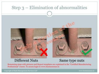 Property of Hash Management Services LLP. Unauthorized copying, circulating, modifying and using it without the knowledge / approval of Hash Management Services LLP is prohibited.
Abnormality - Missing Nut
Missing Nut Nut fixed
These are sample pictures used solely for understanding of the concepts. Hash Management Services LLP do not claim ownership of the pictures
 