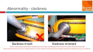 Property of Hash Management Services LLP. Unauthorized copying, circulating, modifying and using it without the knowledge / approval of Hash Management Services LLP is prohibited.
Abnormality - slackness
Slackness in belt Slackness removed
These are sample pictures used solely for understanding of the concepts. Hash Management Services LLP do not claim ownership of the pictures
 