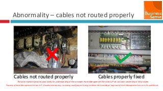 Property of Hash Management Services LLP. Unauthorized copying, circulating, modifying and using it without the knowledge / approval of Hash Management Services LLP is prohibited.
Abnormality – cables not routed properly
Cables not routed properly Cables properly fixed
These are sample pictures used solely for understanding of the concepts. Hash Management Services LLP do not claim ownership of the pictures
 