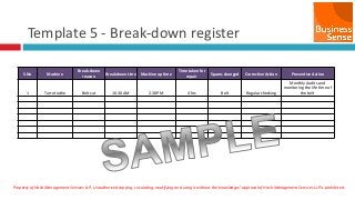 Property of Hash Management Services LLP. Unauthorized copying, circulating, modifying and using it without the knowledge / approval of Hash Management Services LLP is prohibited.
Template 5 - Break-down register
S.No Machine
Break-down
reason
Breakdown time Machine up time
Time taken for
repair
Spares changed Corrective Action Preventive Action
1 Turret lathe Belt cut 10.30 AM 2.30PM 4 hrs Belt Regular checking
Monthly Audits and
monitoring the life time of
the belt
 