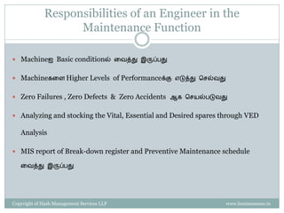 Property of Hash Management Services LLP. Unauthorized copying, circulating, modifying and using it without the knowledge / approval of Hash Management Services LLP is prohibited.
Break-down Maintenance
 ஑ரு machine break downஆைவுடன், அந்ை operator, production
supervisorரிடம் complaint சசய்து Maintenance teamஐ ேரனேப்பார்
 Maintenance team ேந்ைவுடன் machineஐ சரி பார்பர்
 நினறய companyகளில், Maintenance teamமுடன் Service Level Agreement
ஏற்படுத்ைியிருப்பார்கள் ( e.g. maintenance team personnel 30 நிமிடங்களில் machineஐ
அனடய வேண்டும் )
 