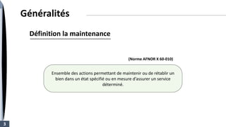 Définition la maintenance
3
(Norme AFNOR X 60-010)
Ensemble des actions permettant de maintenir ou de rétablir un
bien dans un état spécifié ou en mesure d’assurer un service
déterminé.
Généralités
 